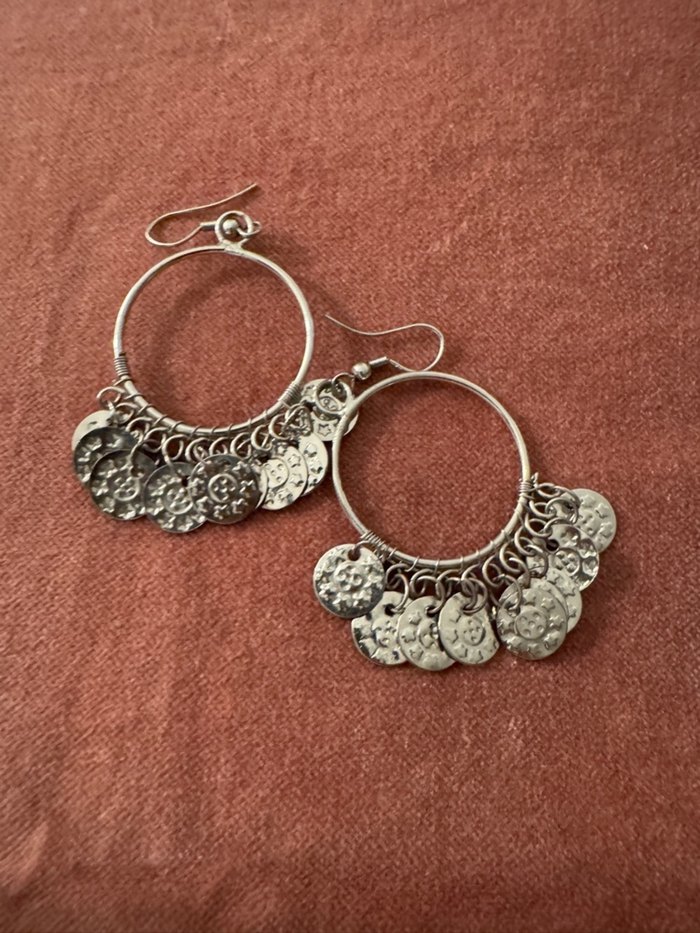 Silver Hoop Dangle Earrings with Textured Coin Charms - Women Jewelry
